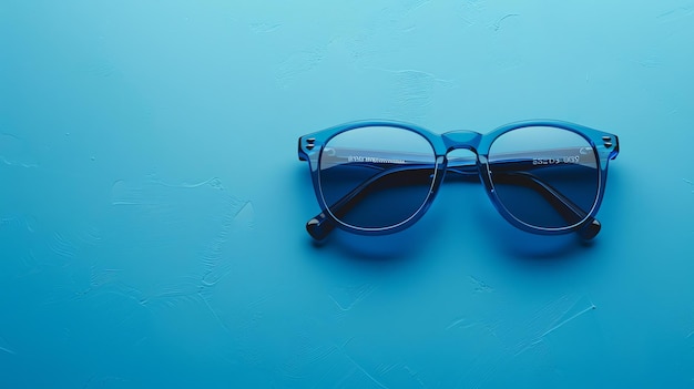 Des lunettes de soleil en plastique bleu sur un fond bleu les lunettes ont un cadre rond et des lentilles bleues elles sont assises sur une table bleue