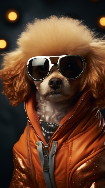 Des lunettes de soleil portant un caniche arborant un manteau marron brillant respirent le style avant-gardiste de la mode Vertical Mobil