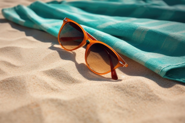 Lunettes de soleil portant sur une serviette de plage sur une plage de sable pour le fond de l'été avec espace de copie pour le texte