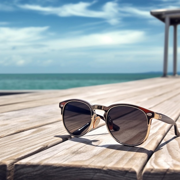 Photo lunettes de soleil sur table en bois par sea generative ai