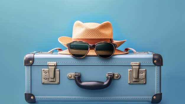 Lunettes de soleil valise bleue et chapeau sur fond bleu Concept de voyage Créé avec la technologie Generative AI