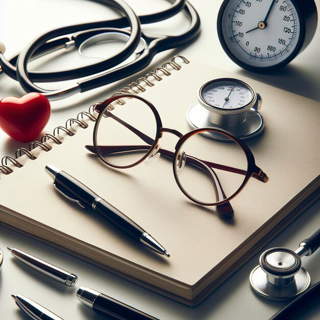 Photo des lunettes, un stéthoscope, une jauge de pression sur une table blanche.