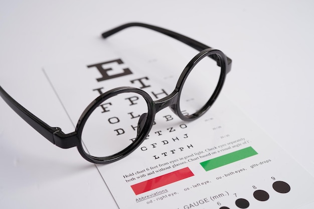 Photo lunettes sur le tableau d'examen de la vue pour tester la précision de la lecture