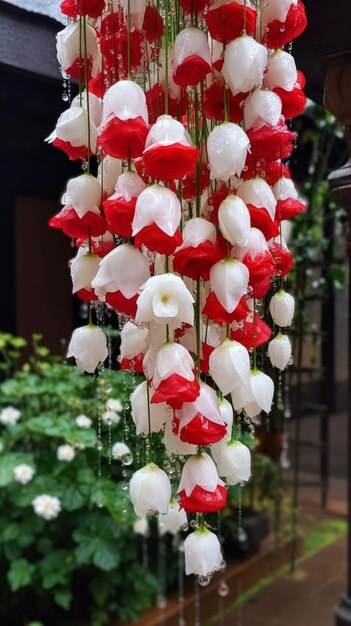 Un lustre fait de fleurs est suspendu à une ficelle.