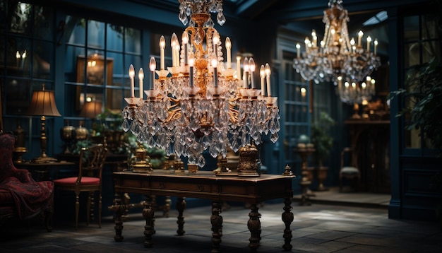 Photo un lustre de luxe éclaire une table élégante dans un intérieur de maison orné à l'ancienne généré par l'intelligence artificielle