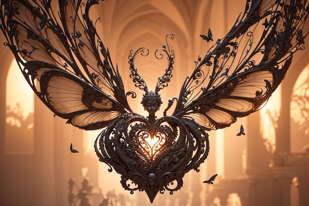 Un lustre papillon avec un cœur en forme de cœur au-dessus.
