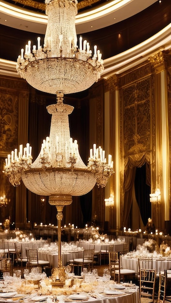Des lustres de cristal exquis ornent et éclairent la grande salle à manger avec élégance et luxe