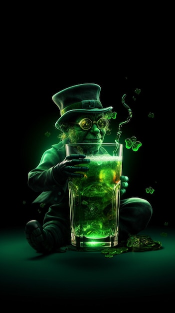 Photo un lutin est assis à côté d'un verre de liquide vert.