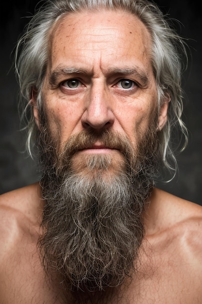 Photo luttes pleines d'âme illustrant la résilience d'un homme barbu et émacié mature aux cheveux longs