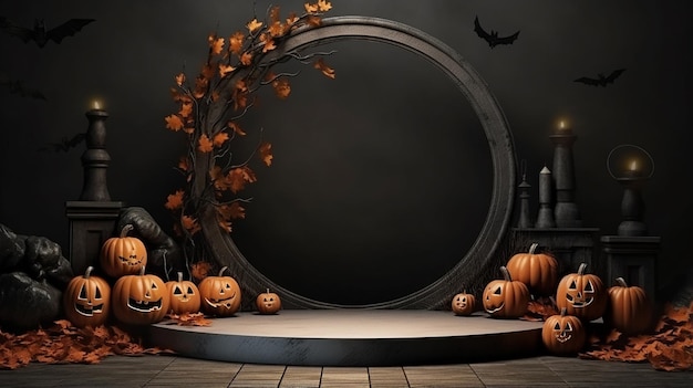 Luxe 3D rendu Halloween podium fond citrouille vibe nuit