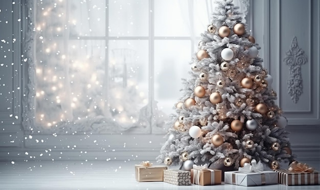 Luxe arbre de Noël doré et blanc et boîtes de cadeaux la neige tombe en arrière-plan