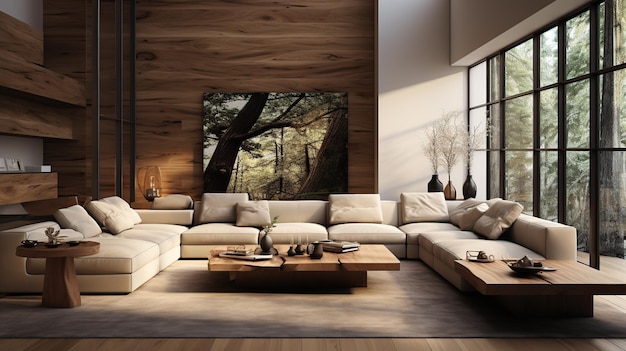 Luxe Conception intérieure élégante d'un salon moderne Mur de panneaux en bois avec canapé et table à café créée avec une IA générative