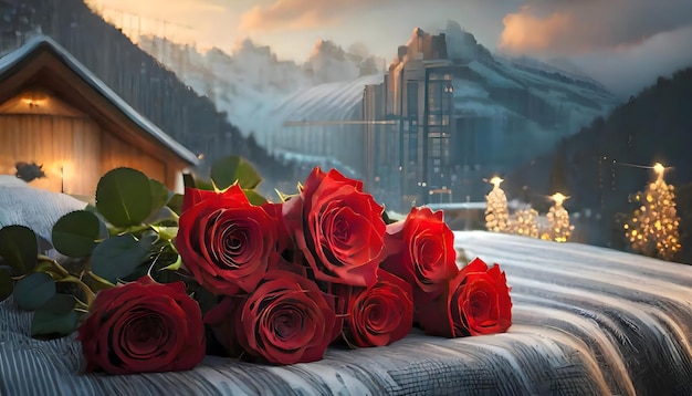 Photo le luxe et le confort avec un bouquet de roses rouges