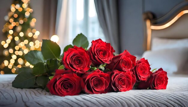 Photo le luxe et le confort avec un bouquet de roses rouges