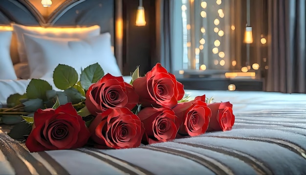 Photo le luxe et le confort avec un bouquet de roses rouges