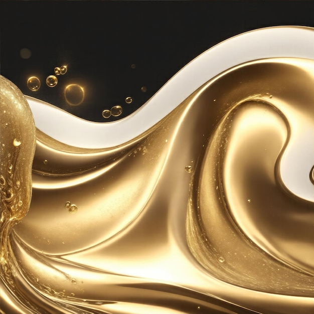 Le luxe doré tourbillonne des vagues sur un fond gris des gouttelettes d'eau moelleuse dorées brillantes en arrière-plan