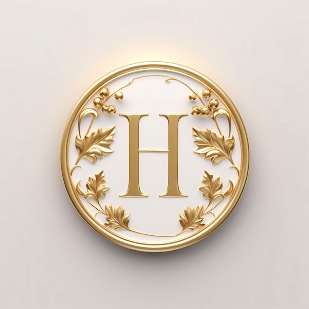 Photo luxe lettre dorée h dans un cadre rond sur fond blanc rendu 3d