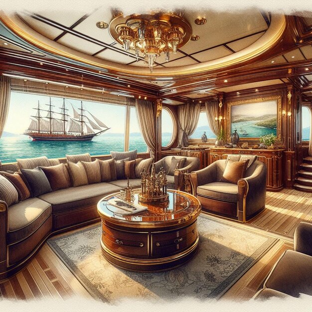 Luxe en mer yacht élégance avec du velours en acajou et une vue imprenable sur l'océan