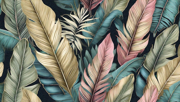 Luxe tropical motif exotique sans couture feuilles de banane colorées pastel palmier dessiné à la main vintage