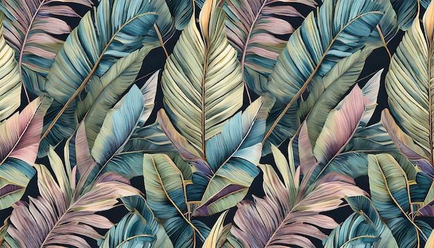 Luxe tropical motif exotique sans couture feuilles de banane colorées pastel palmier dessiné à la main vintage