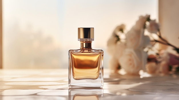 Une luxueuse bouteille de parfum repose délicatement sur une table.