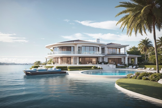 Une luxueuse propriété au bord de l'eau Évadez-vous de votre maison de rêve ultime Inspiration d'image de luxe pour le concept immobilier Idées de décoration extérieure de maison moderne Rendu 3D