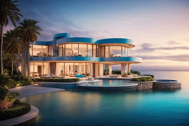 Une luxueuse propriété au bord de l'eau Évadez-vous de votre maison de rêve ultime Inspiration d'image de luxe pour le concept immobilier Idée de décoration extérieure de maison moderne Rendu 3D