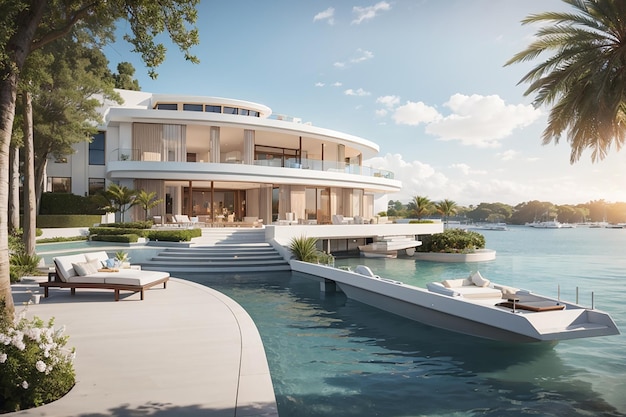 Une luxueuse propriété au bord de l'eau Évadez-vous de votre maison de rêve ultime Inspiration d'image de luxe pour le concept immobilier Idées de décoration extérieure de maison moderne Rendu 3D