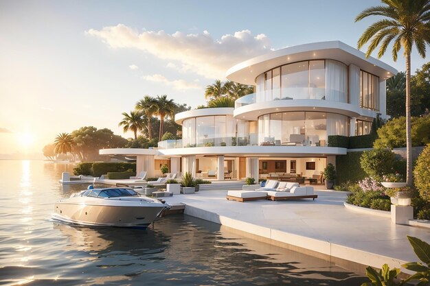 Une luxueuse propriété au bord de l'eau Évadez-vous de votre maison de rêve ultime Inspiration d'image de luxe pour le concept immobilier Idées de décoration extérieure de maison moderne Rendu 3D