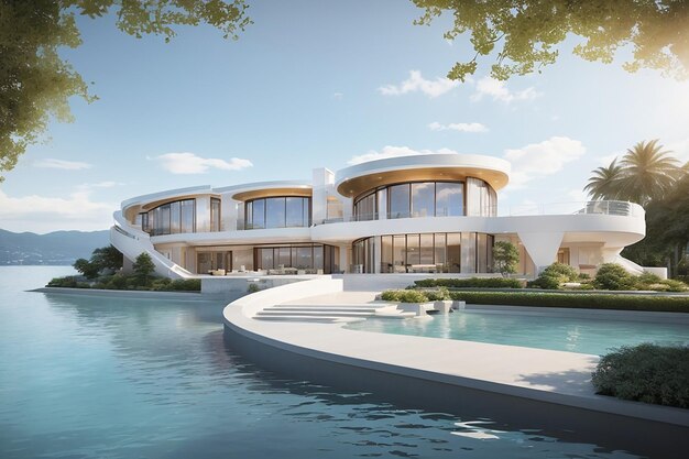 Une luxueuse propriété au bord de l'eau Évadez-vous de votre maison de rêve ultime Inspiration d'image de luxe pour le concept immobilier Idées de décoration extérieure de maison moderne Rendu 3D