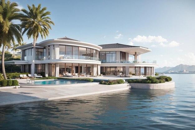 Une luxueuse propriété au bord de l'eau Évadez-vous de votre maison de rêve ultime Inspiration d'image de luxe pour le concept immobilier Idées de décoration extérieure de maison moderne Rendu 3D