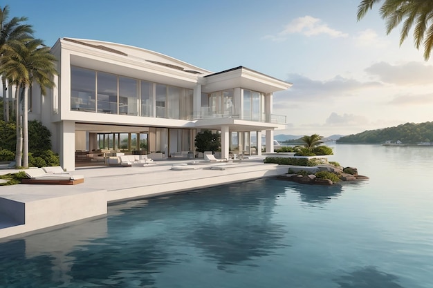 Une luxueuse propriété au bord de l'eau Évadez-vous de votre maison de rêve ultime Inspiration d'image de luxe pour le concept immobilier Idées de décoration extérieure de maison moderne Rendu 3D