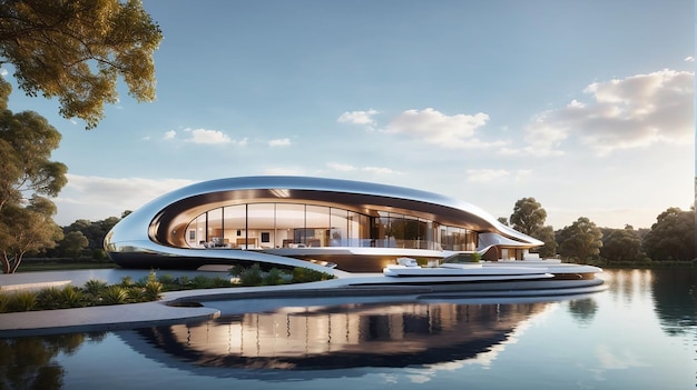 Une luxueuse résidence high-tech avec une façade métallique incurvée entourée d'un lac tranquille