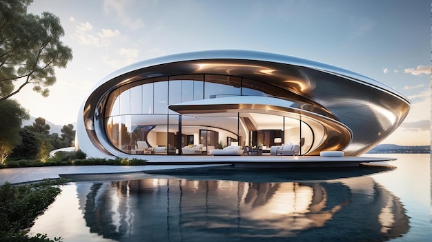 Une luxueuse résidence high-tech avec une façade métallique incurvée entourée d'un lac tranquille