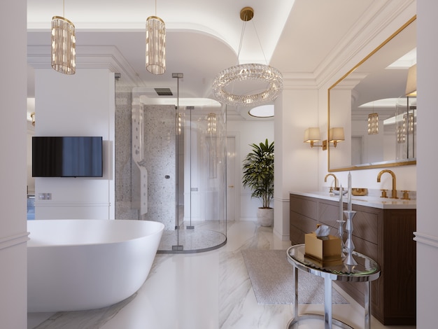 Luxueuse salle de bain contemporaine avec bain autoportant et TV au mur, douche, vanité avec miroir et applique murale. rendu 3D.