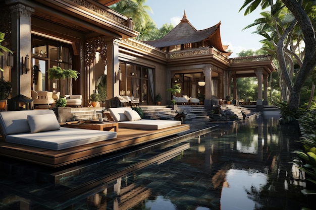 luxueuse villa thaïlandaise en bois dotée d'une piscine privée à débordement donnant sur la rizière adjacente