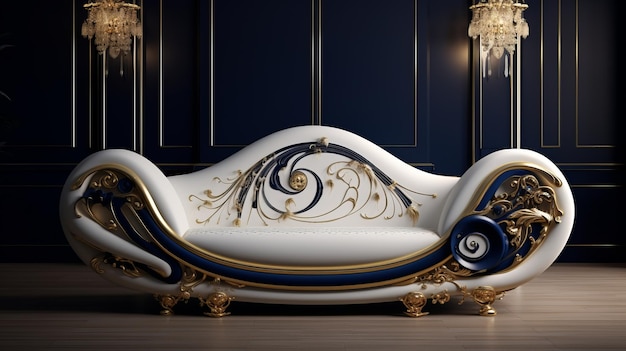 Photo un luxueux canapé royal antique en 3d avec des illustrations en or et en bleu