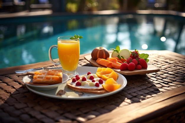 Luxurious Tropical Resort Breakfast in Swimming Pool Floating Breakfast Créé avec l'IA générative