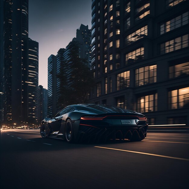 Photo luxury car speeds by modern building at dusk generative