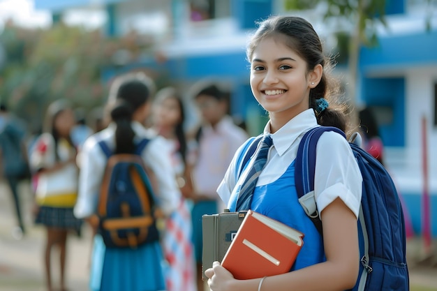 Photo une lycéenne indienne heureuse en uniforme.