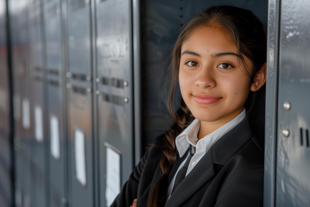 Une lycéenne en uniforme s'appuyant contre des casiers avec un sourire de content représentant une journée scolaire typique