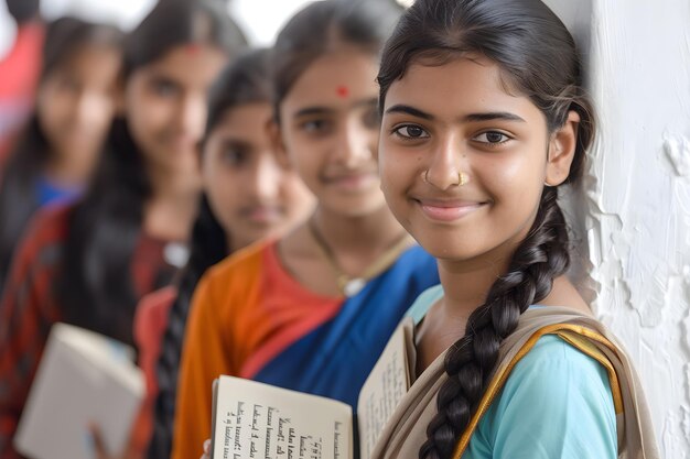 Photo des lycéens indiens avec des cahiers et un sac à dos souriant à la caméra.