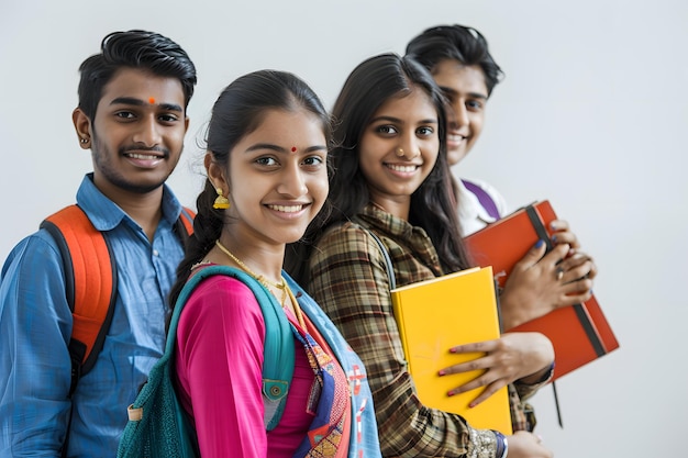 Photo des lycéens indiens avec des cahiers et un sac à dos souriant à la caméra.