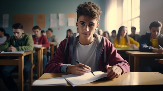 Des lycéens se préparent à l'examen en classe assis à leur bureau et écrivant des notes.