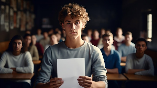 Des lycéens se préparent à l'examen en classe assis à leur bureau et écrivant des notes.