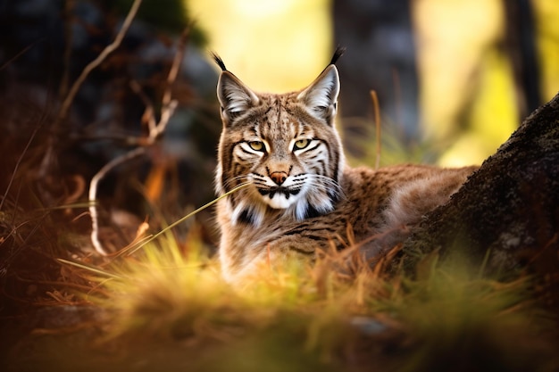 Un lynx est allongé dans l'herbe de la forêt.