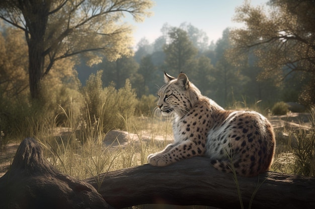 Un lynx est assis sur une branche d'arbre dans une forêt.