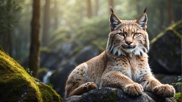 Un lynx est assis sur un rocher dans la forêt