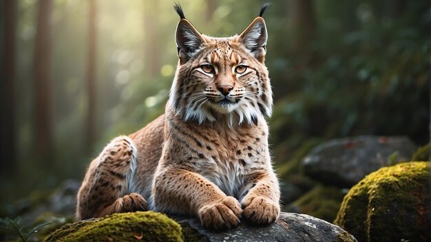 Un lynx est assis sur un rocher dans la forêt