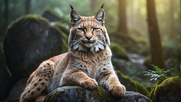 Un lynx est assis sur un rocher dans la forêt